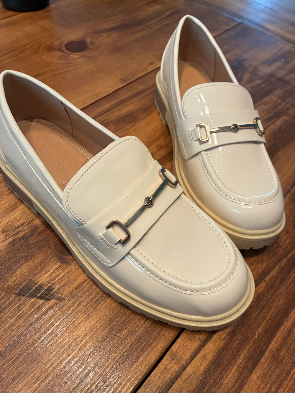 Girls' Cream Patent Loafer Dress Shoes with Metal Bit Accent
